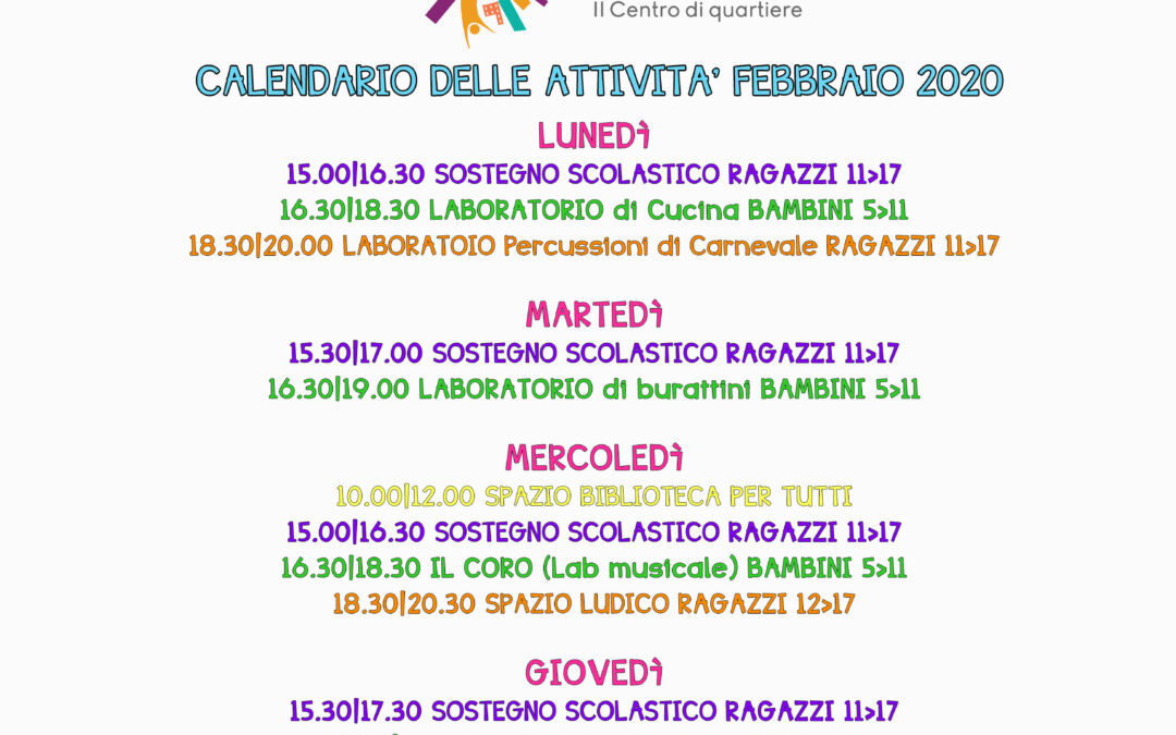 Centro di Quartiere La Bottega dei Sogni Programma di febbraio